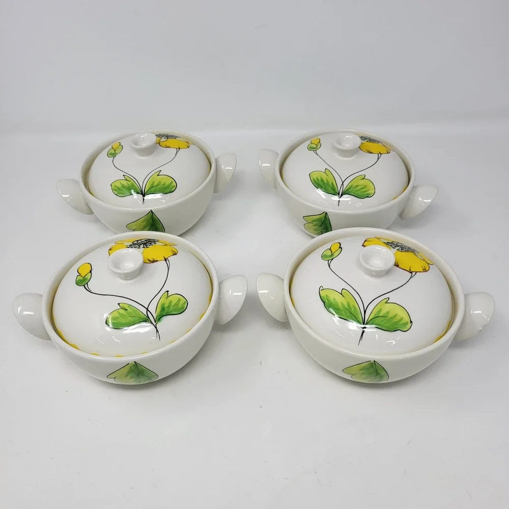 Mancioli Italy Vintage Floral Ceramic Lidded‎ Soup Rice Bowls Set of 4